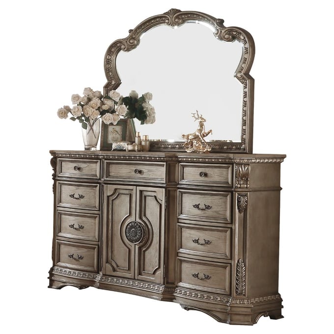 Acme Furniture Northville Antique Silver Wood Top Dresser and Mirror ACM-26936-8