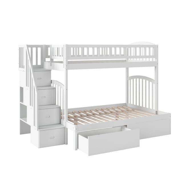 AFI Furnishings Westbrook White Twin Over Full Staircase Bunk Bed with Bed Drawers and Charging Station AB65742