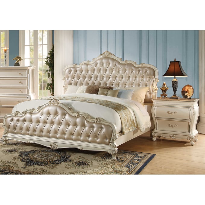 Acme Furniture Chantelle Rose Gold Pearl White 2pc Bedroom Set With Leather King Bed ACM-2353-BR-S2