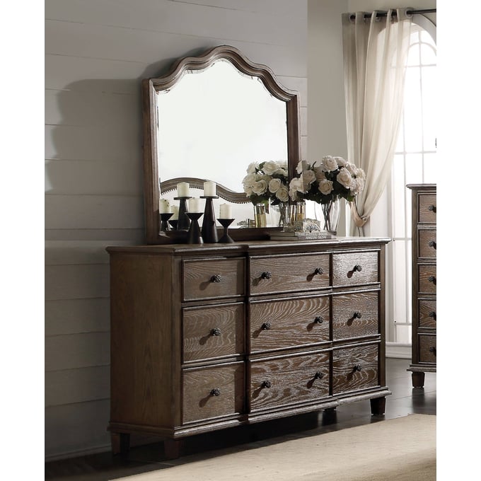 Acme Furniture Baudouin Weathered Oak Dresser and Mirror ACM-2611-DRMR