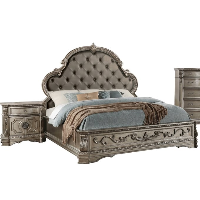 Acme Furniture Northville Antique Silver 2pc King Bedroom Set With Marble Top Night Stand ACM-26927EK-BR-S2