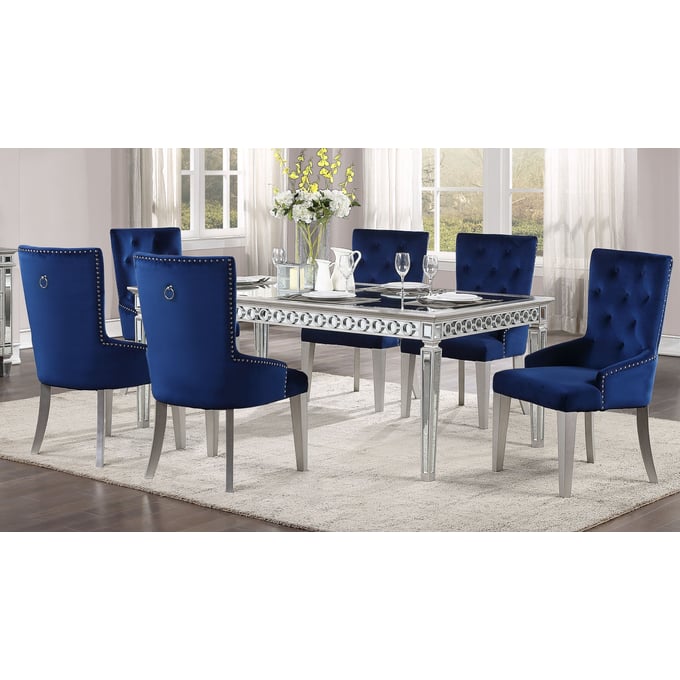 Acme Furniture Varian Blue Mirrored Antique Platinum 78 Inch 7pc Dining Room Set ACM-6615-DR-S1