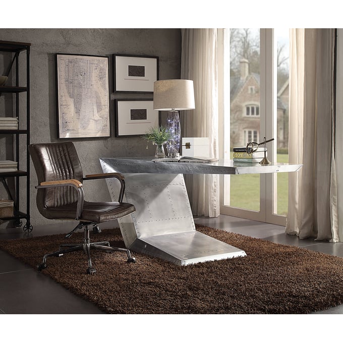 Acme Furniture Brancaster Aluminum Distress Chocolate Desk And Chair Set ACM-92025-92028-HO-S2