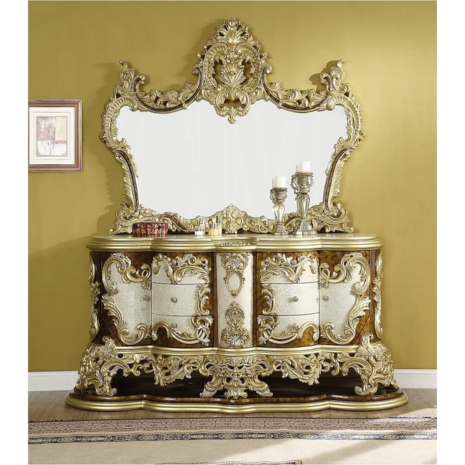 Acme Furniture Desiderius Antique Gold Brown Dresser and Mirror ACM-BD2000-DRMR