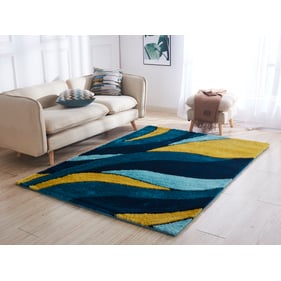 Amazing Aria Yellow Navy Blue Soft Pile Hand Tufted Shag Area Rug - 24 x 36