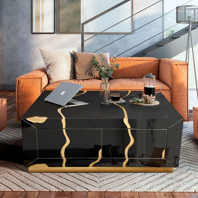 Amazing Timeless Black Rectangular Coffee Table with Liquid Gold Accent AMZRUG-CTC015BKG