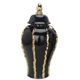 Amazing Regal Black Gold Gilded 24.5 Inch Ginger Jar with Removable Lid