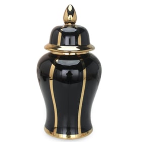 Amazing Regal Black Gold Linear Gilded 19 Inch Ginger Jar with Removable Li...