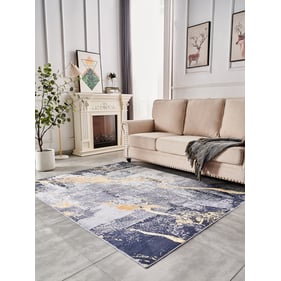 Amazing Zara Blue Gray Yellow Washable Super Soft Area Rug With Abstract De...