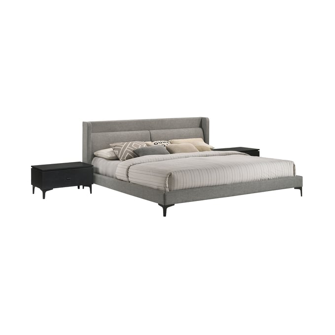 Luxur Living Dholkyachi Gray 3pc Fabric King Platform Bed and Nightstands Bedroom Set LUX-SETLEBDCHKG3A