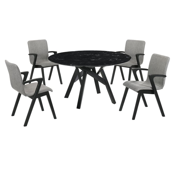 Luxur Living Khadkad Gray Black Marble Round 5pc Dining Set LUX-SETVEDIBLK5A