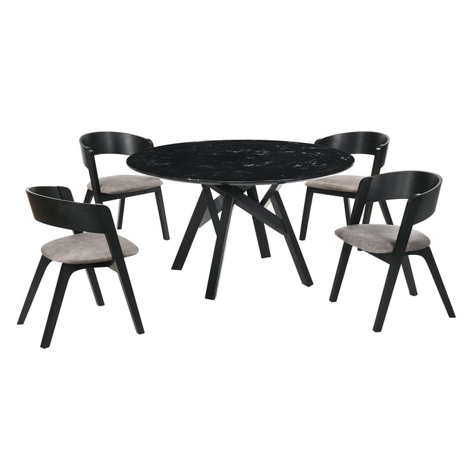 Luxur Living Khadkad Brown 5pc Black Marble Round Dining Set LUX-SETVEDIBLK5E