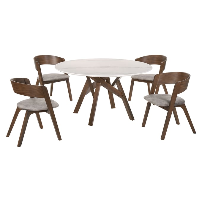 Luxur Living Khadkad Brown 5pc Walnut and Marble Round Dining Set LUX-SETVEDIWA5D