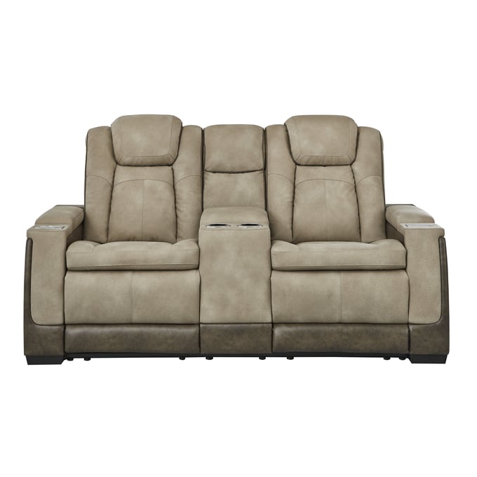 Ashley Furniture Next Gen DuraPella Sand Power Reclining Console Loveseat With Adjustable Headrest 2200318