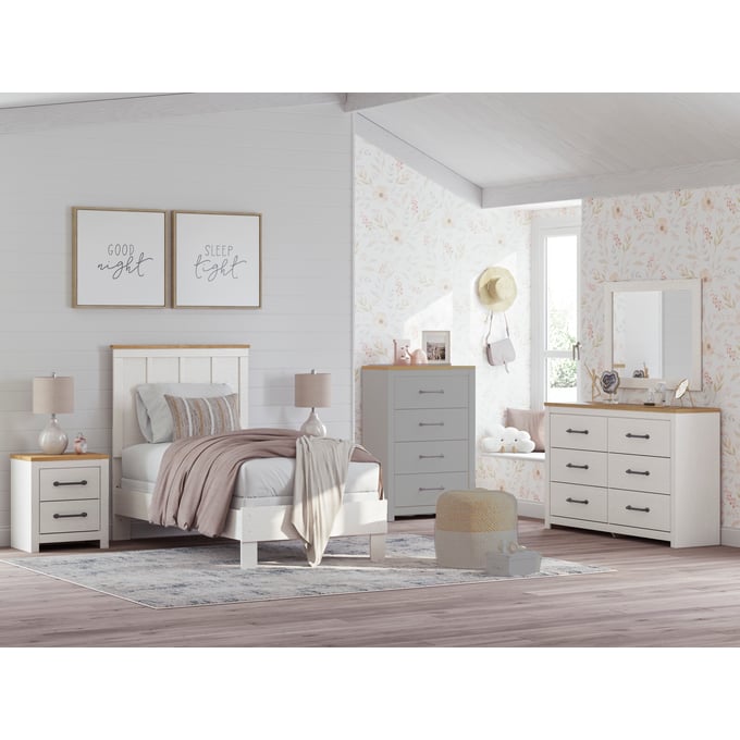 Ashley Furniture Linnocreek White Warm Brown 4pc Bedroom Set With Twin Panel Bed B3340-BR-S8