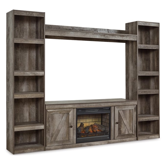 Ashley Furniture Wynnlow Gray Wood 4pc Entertainment Center With Fireplace Insert Infrared EW0440W8