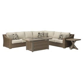 Ashley Furniture Beachcroft Beige 6pc Outdoor Sectional With Fire Pit Table