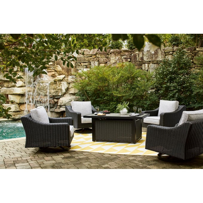 Ashley Furniture Beachcroft Light Gray 5pc Outdoor Fire Pit Dining Set P792-OUT-DR-S7