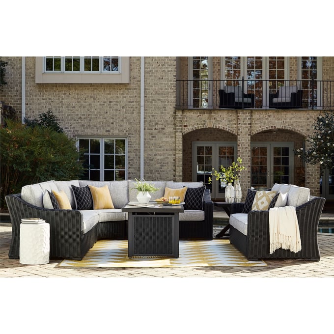 Ashley Furniture Beachcroft Light Gray 6pc Outdoor Sectional With Fire Pit Table P792-OUT-SEC-S2