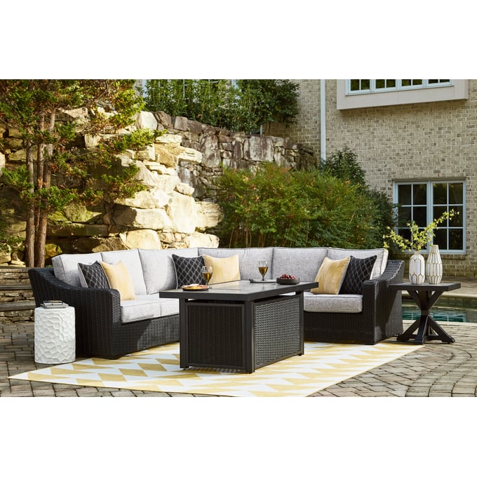 Ashley Furniture Beachcroft Light Gray 4pc Outdoor Sectional With Fire Pit Table P792-OUT-SEC-S4