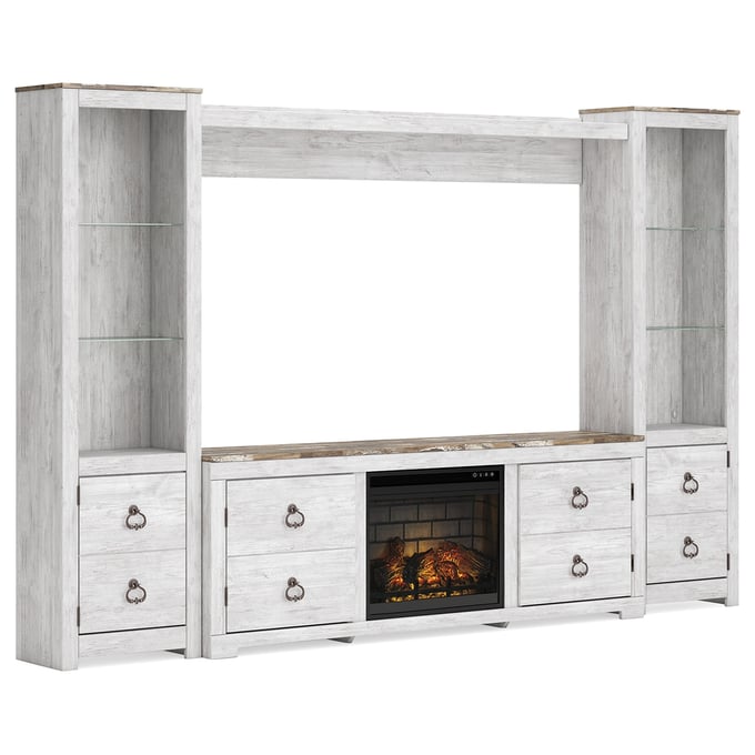 Ashley Furniture Willowton Whitewash 4pc Entertainment Center With Infrared Fireplace W267W18