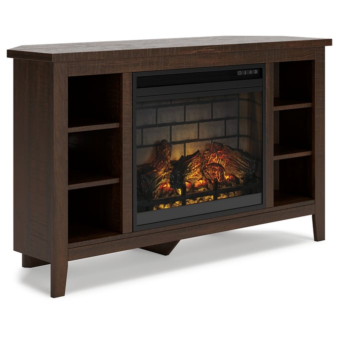 Ashley Furniture Camiburg Warm Brown Corner TV Stand With Fireplace Insert Infrared W283W6