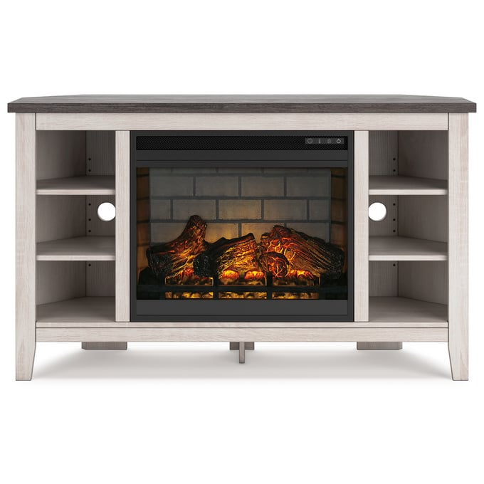 Ashley Furniture Dorrinson Gray Antiqued White Corner TV Stand With Fireplace Insert Infrared W287W6