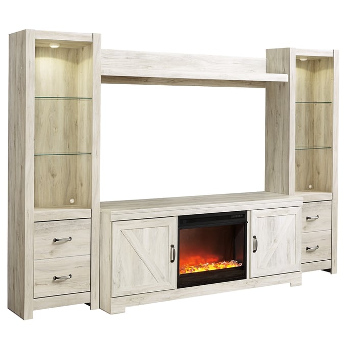 Ashley Furniture Bellaby Whitewash Wood 4pc Entertainment Center With Fireplace Insert Glass Stone W331W5