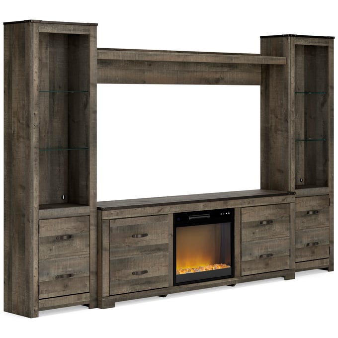 Ashley Furniture Trinell Brown 4pc Entertainment Center With Fireplace Insert Glass Stone W446W15