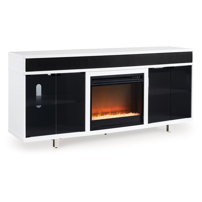 Ashley Furniture Gardoni White Black 72 Inch TV Stand With Glass Stone Fireplace W756W1