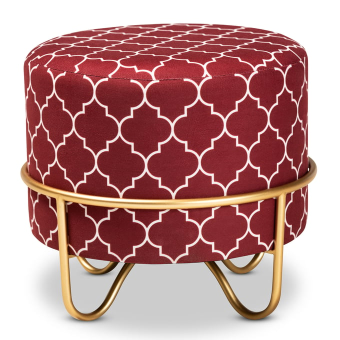 Baxton Studio Candice Red Velvet Upholstered Quatrefoil Ottoman BAX-JY19A255-RED-GOLD-OTTO