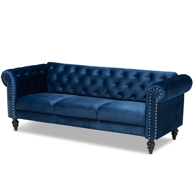 Baxton Studio Emma Navy Blue Velvet Button Tufted Chesterfield Sofa BAX-EMMA-NAVY-BLUE-VELVET-SF