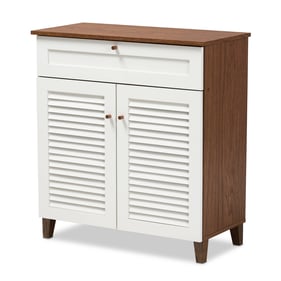 Baxton Studio Coolidge White Walnut 4 Shelf Shoe Storage Cabinet with Drawe...