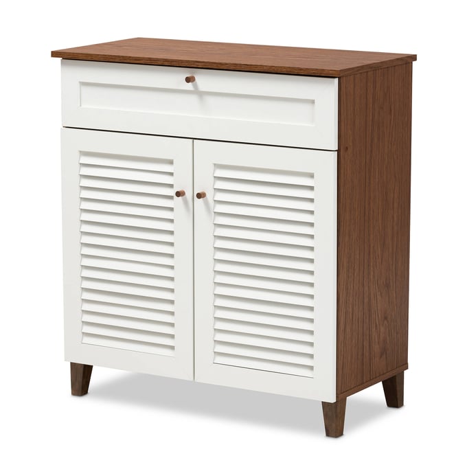 Baxton Studio Coolidge White Walnut 4 Shelf Shoe Storage Cabinet with Drawer BAX-FP-02LV-WALNUT-WHITE