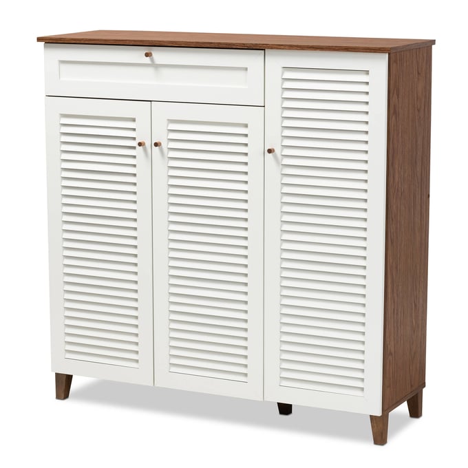 Baxton Studio Coolidge Walnut 11 Shelf Shoe Storage Cabinet with Drawer BAX-FP-05LV-WALNUT-WHITE