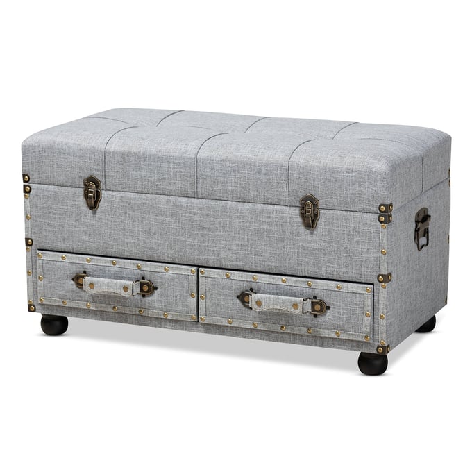 Baxton Studio Flynn Grey Upholstered 2 Drawer Storage Trunk Ottoman BAX-JY19A416-GREY-OTTO