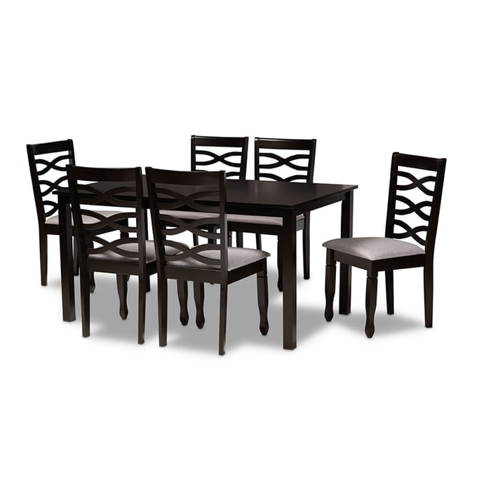 Baxton Studio Lanier Grey Fabric Dark Brown 7pc Dining Set BAX-RH318C-GY-DBR-7PCDINSET