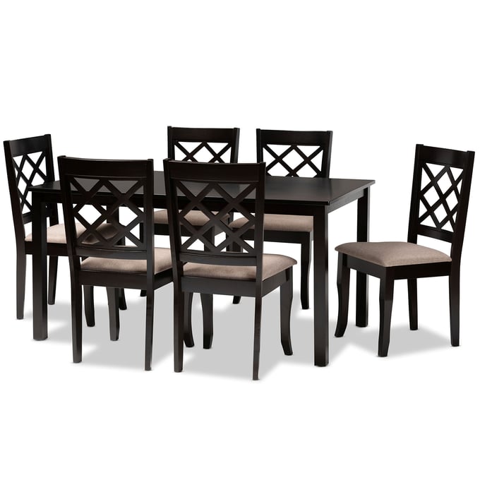 Baxton Studio Verner Sand Fabric Dark Brown 7pc Dining Set BAX-RH330C-SD-DBR-7PCDINSET