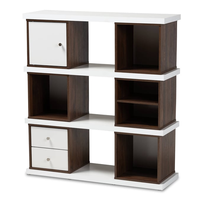 Baxton Studio Rune White Walnut Brown 2 Drawer Bookcase BAX-DV999000COLMB-WH-BKCASE