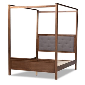 Baxton Studio Natasha Grey Fabric Walnut Brown Wood King Platform Canopy Be...