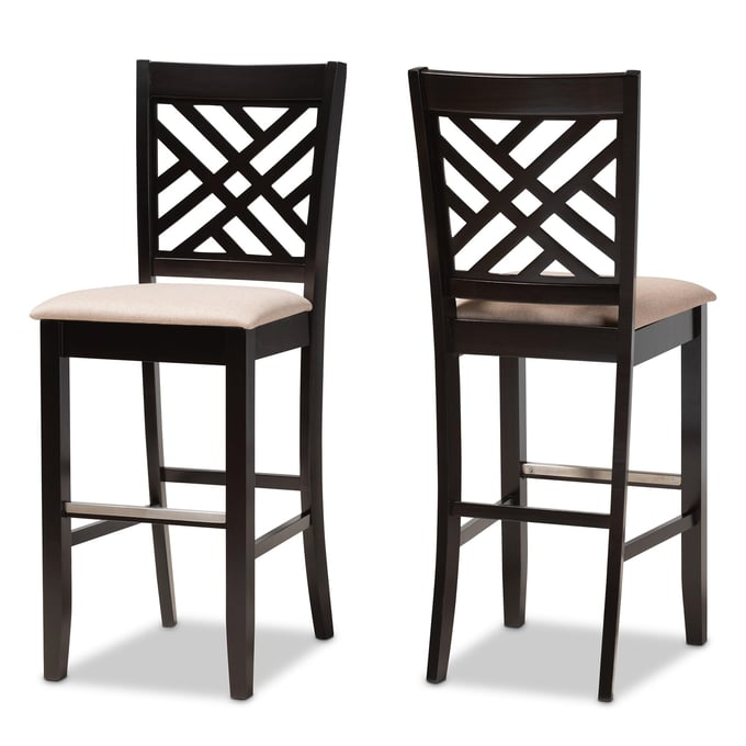 2 Baxton Studio Jason Sand Fabric Brown Wood Bar Stools BAX-RH317B-SAND-DARK-BROWN-BS