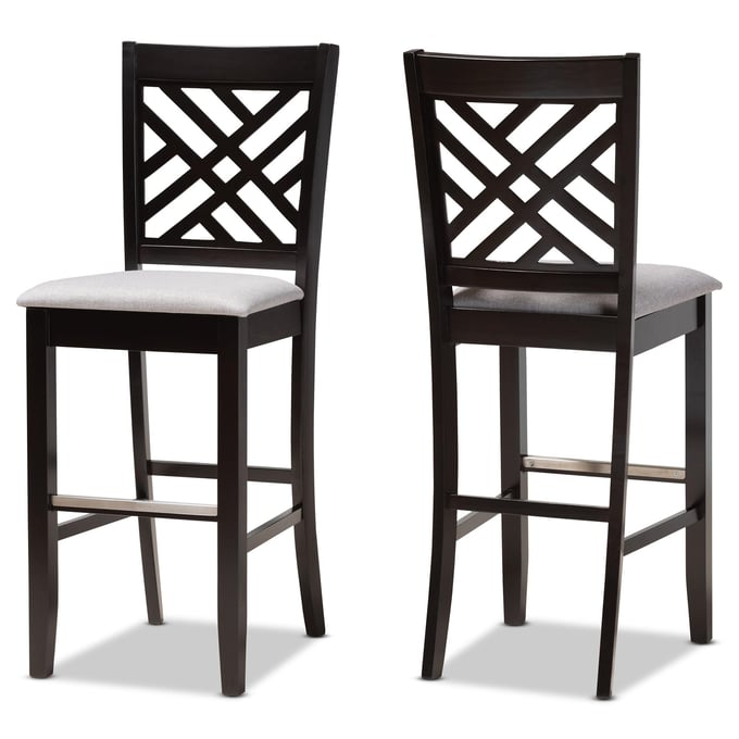 2 Baxton Studio Jason Grey Fabric Espresso Wood Bar Stools BAX-RH317B-GREY-DARK-BROWN-BS