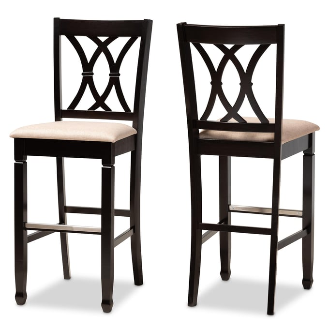 2 Baxton Studio Calista Sand Fabric Brown Wood Bar Stools BAX-RH316B-SAND-DARK-BROWN-BS