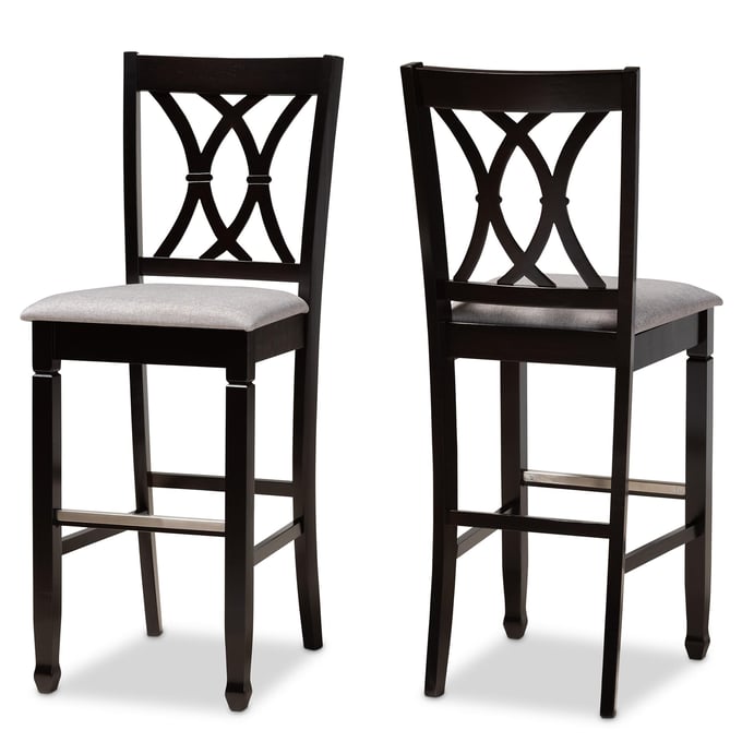 2 Baxton Studio Calista Grey Fabric Espresso Wood Bar Stools BAX-RH316B-GREY-DARK-BROWN-BS