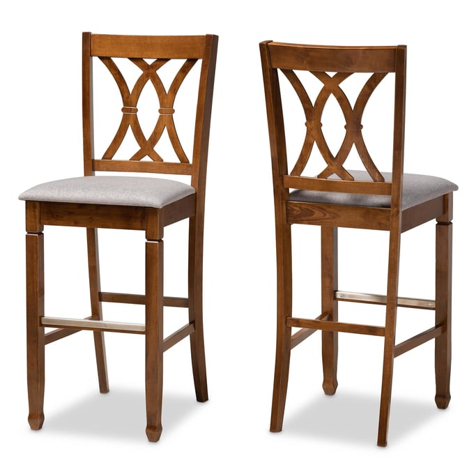 2 Baxton Studio Calista Grey Fabric Walnut Wood Bar Stools BAX-RH316B-GREY-WALNUT-BS