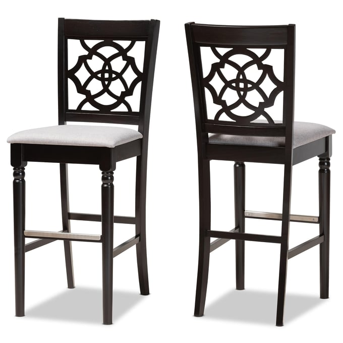 2 Baxton Studio Alexandra Grey Fabric Espresso Wood Bar Stools BAX-RH322B-GREY-DARK-BROWN-BS