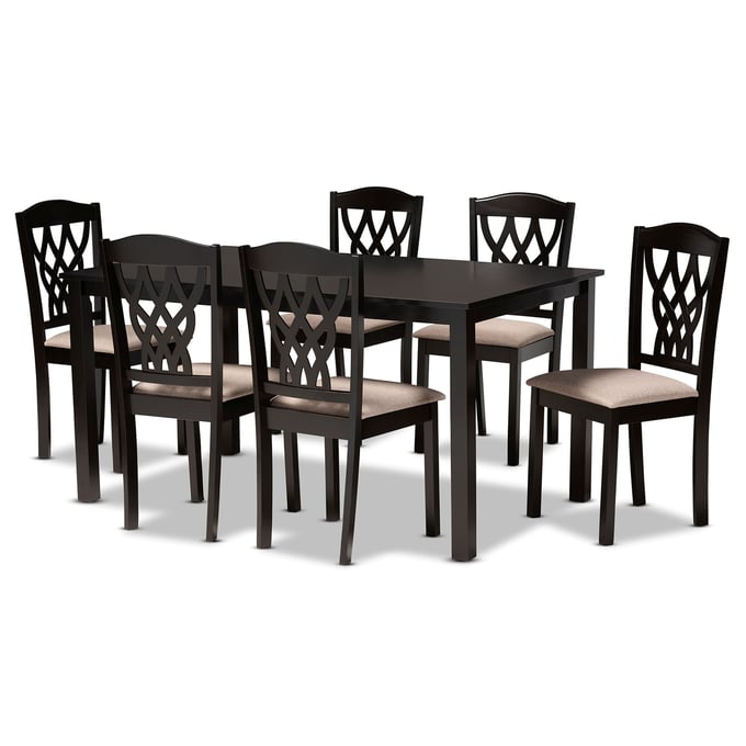 Baxton Studio Salem Sand Fabric Dark Brown Wood 7pc Dining Set BAX-RH1017CSANDDARKBR-SRT21