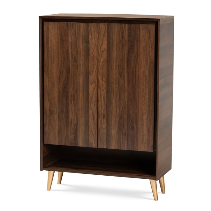 Baxton Studio Landen Walnut Brown Gold Finished Wood Two Doors Entryway Shoe Storage Cabinet BAX-LV10SC10151WI-GLD-SHOECAB