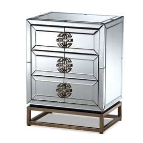 Baxton Studio Laken Mirrored Sliver Antique Bronze Finished Three Drawers E...