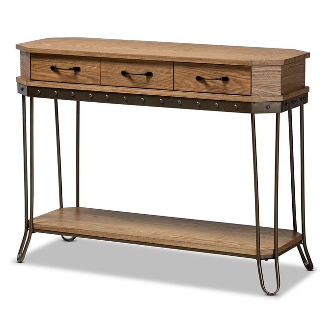 Baxton Studio Kellyn Oak Brown Wood Black Metal 3 Drawer Console Table BAX-JY20A066-OAK-CONSOLE